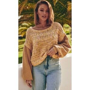 FREE PEOPLE Honey 🍯 Yellow Cable‎ Knit Long Sleeve Cropped Sweater NWT Med